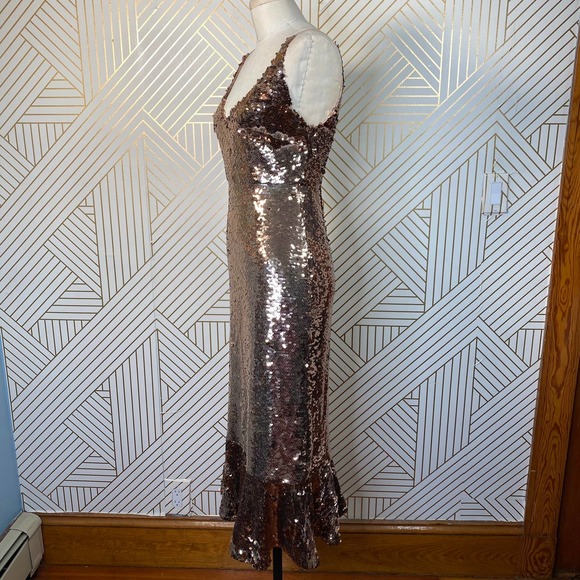 Saloni Aidan Sequin Ruffle Hem Midi Dress Bronze - Picture 5 of 12